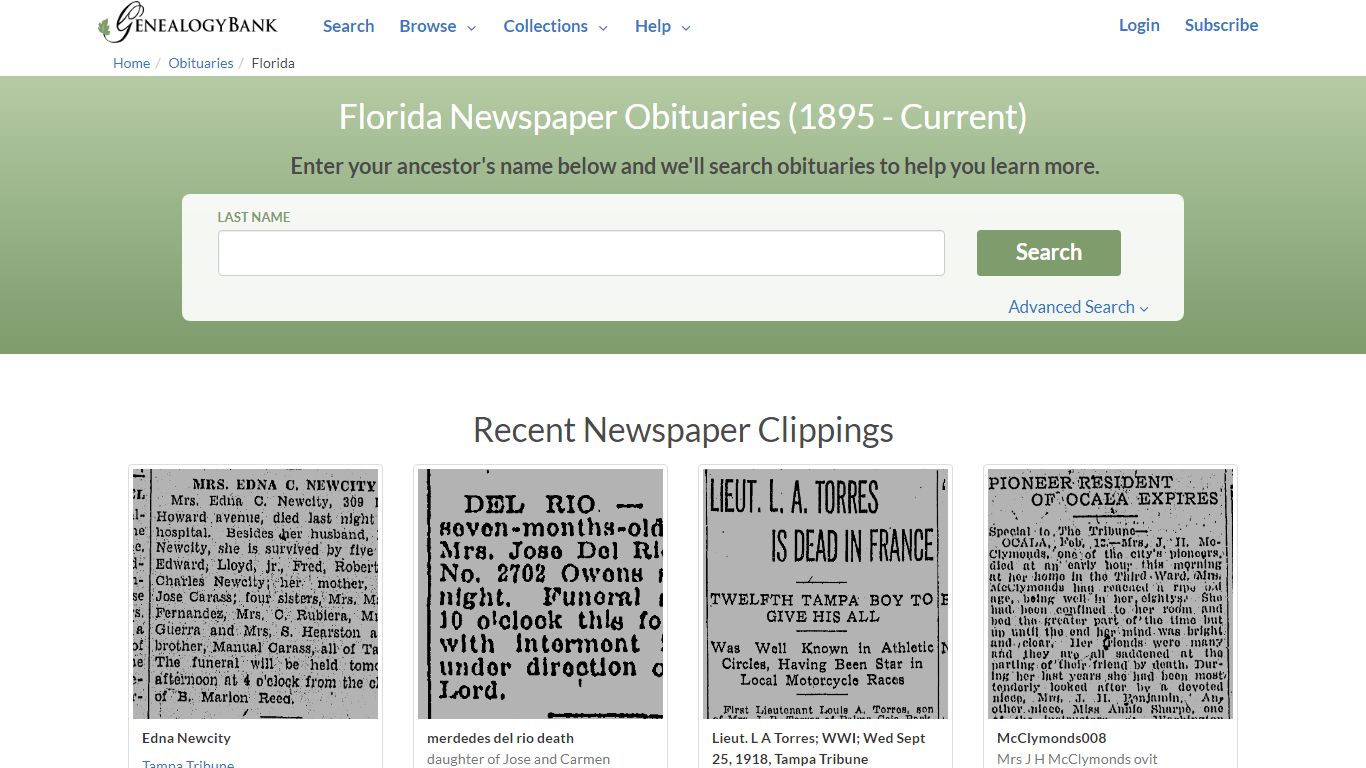 Florida Obituary Archive Search | GenealogyBank